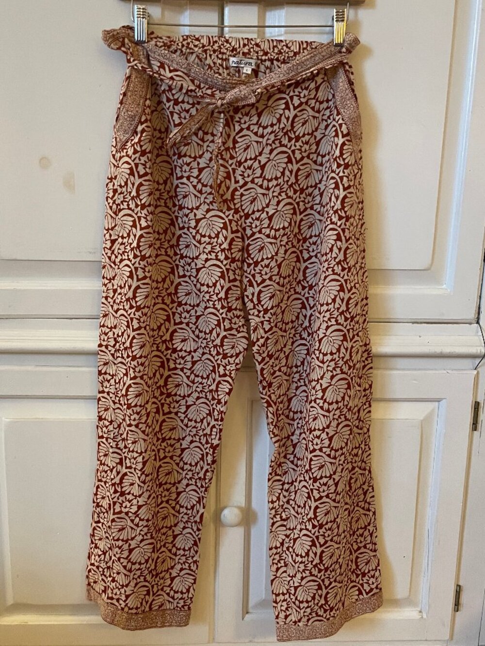 Natura women's burnt orange floral boho flowy tie waist pants lightweight fall L